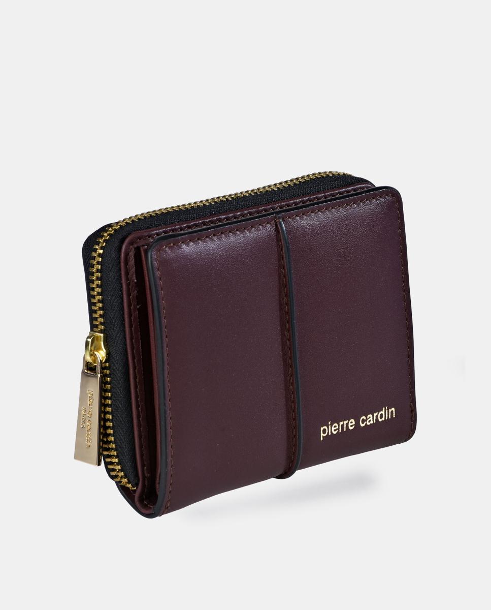 Porta-Moedas Mini em Pele Combinada Suave com Fecho de Correr Vermelho-escuro-2
