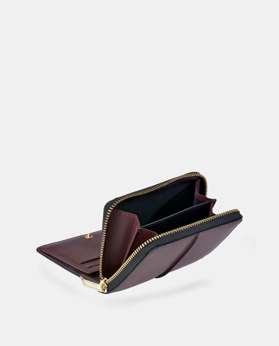 Porta-Moedas Mini em Pele Combinada Suave com Fecho de Correr Vermelho-escuro-3