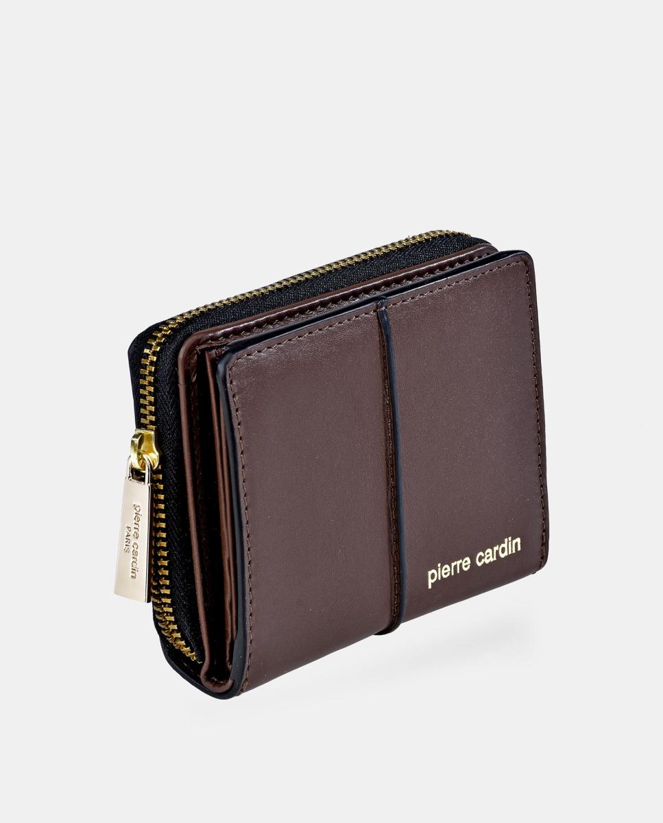 Porta-Moedas Mini em Pele Combinada Suave com Fecho de Correr Castanho-chocolate-2