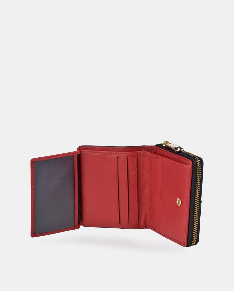 Porta-Moedas Mini em Pele Combinada Suave com Fecho de Correr Vermelho-5