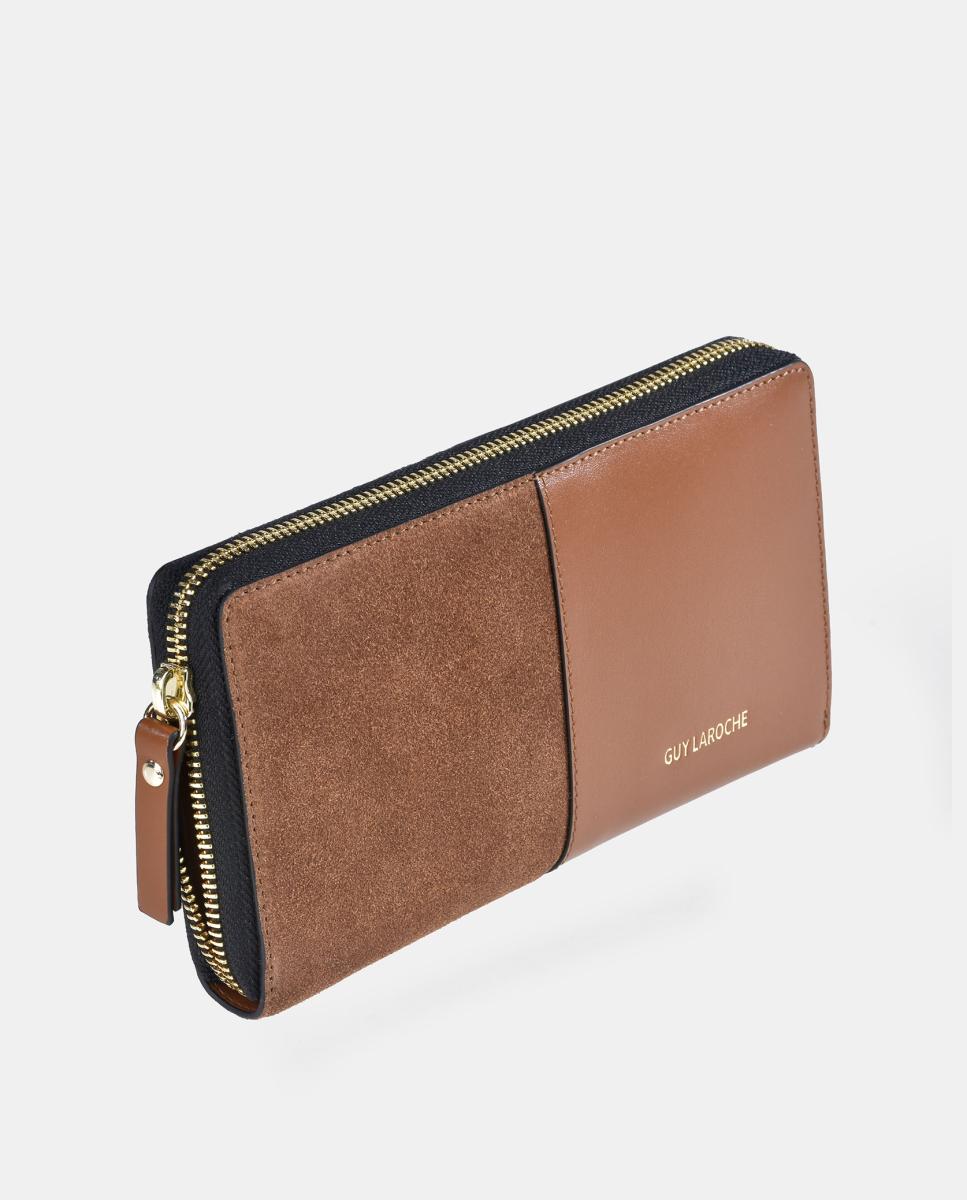 Porta-Moedas Grande em Pele e Croute com Secção para Notas e Fecho de Correr Couro-2