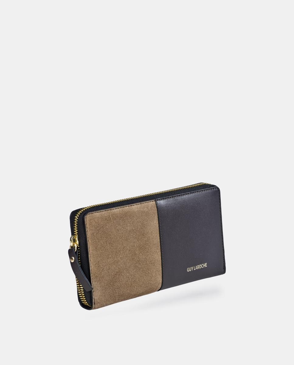 Porta-Moedas Grande em Pele e Croute com Secção para Notas e Fecho de Correr Castanho taupe-2