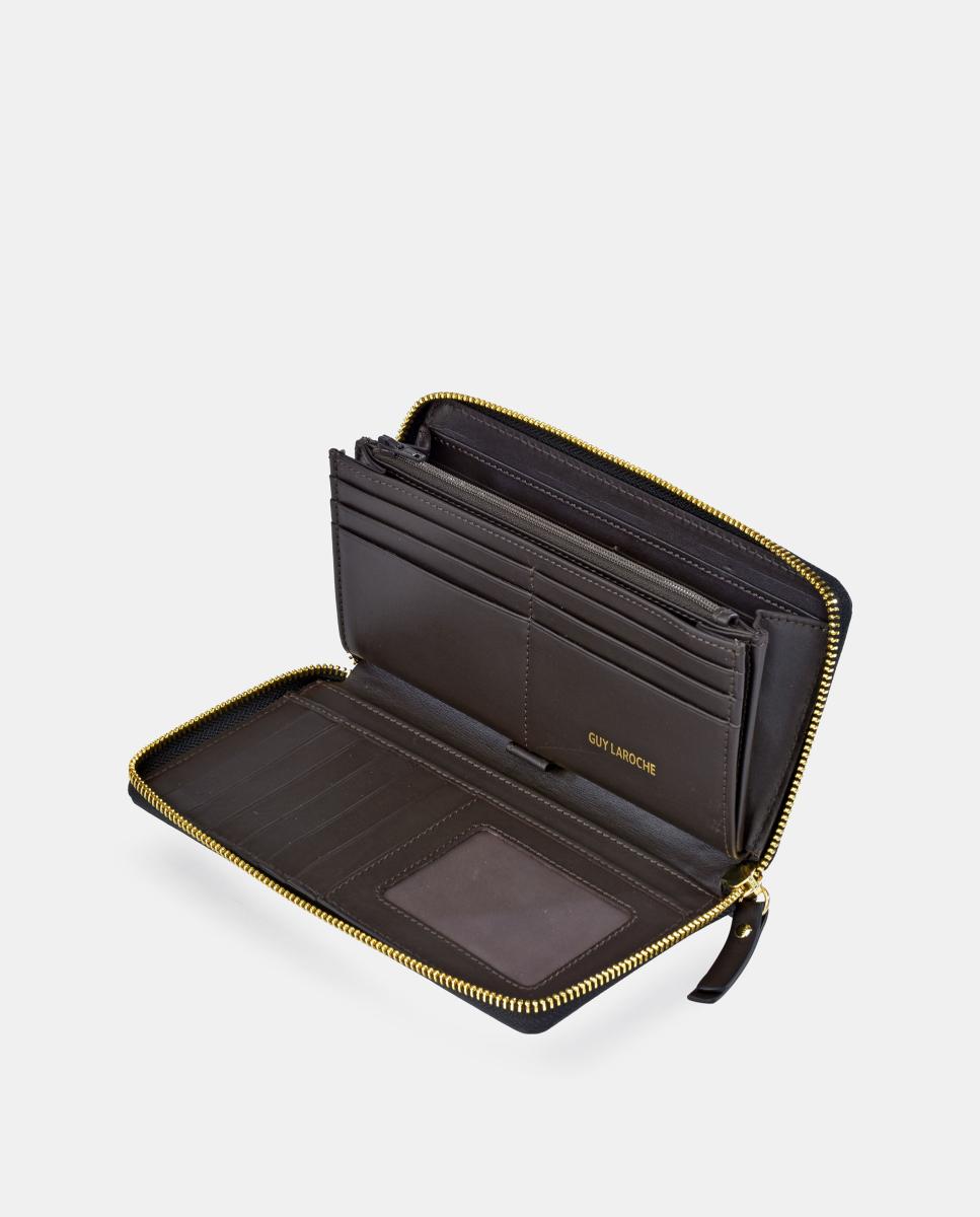 Porta-Moedas Grande em Pele e Croute com Secção para Notas e Fecho de Correr Castanho taupe-3