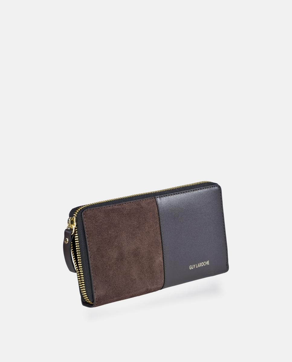Porta-Moedas Grande em Pele e Croute com Secção para Notas e Fecho de Correr Castanho-2