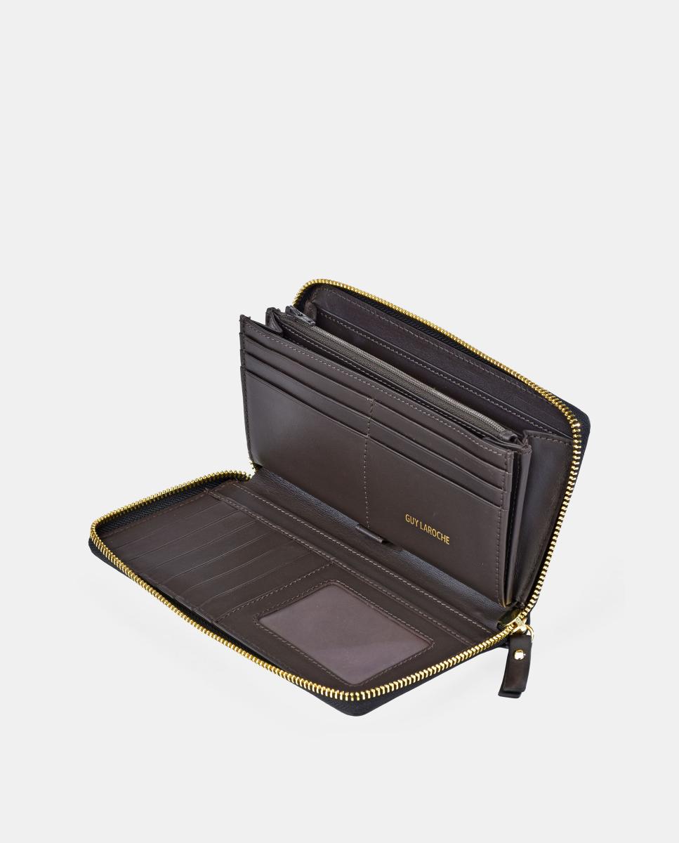Porta-Moedas Grande em Pele e Croute com Secção para Notas e Fecho de Correr Castanho-3