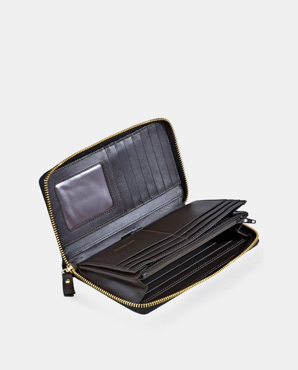 Porta-Moedas Grande em Pele e Croute com Secção para Notas e Fecho de Correr Castanho-4