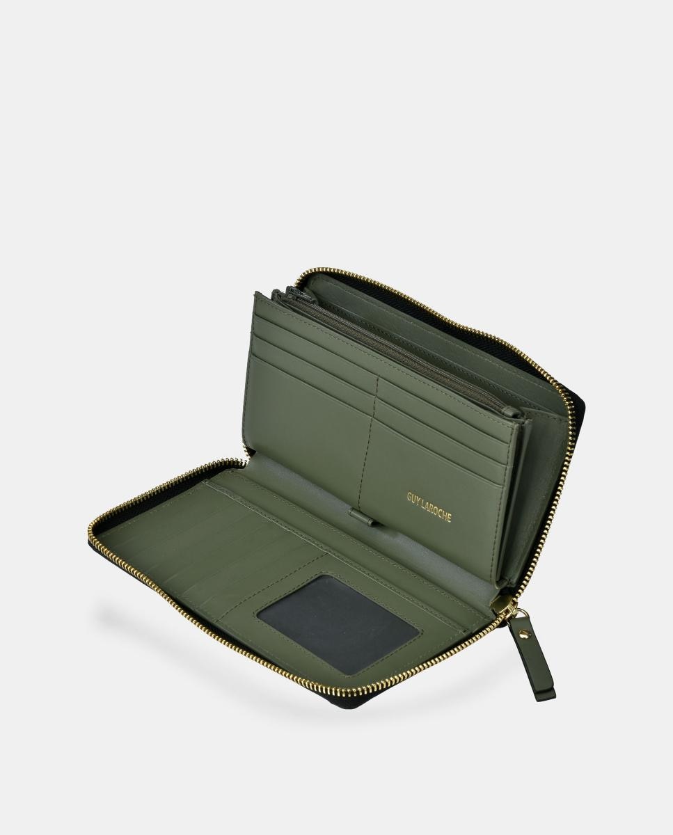 Porta-Moedas Grande em Pele com Fecho de Correr e Secção para Notas Verde Azeitona-3