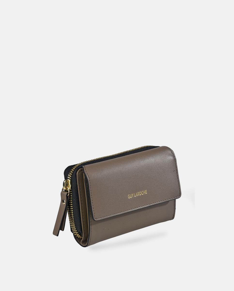 Porta-Moedas Médio em Pele com Secção para Notas, Fecho de Correr e Aba Castanho taupe-2