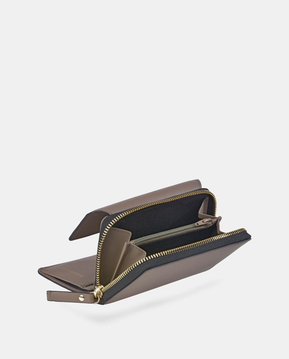 Porta-Moedas Médio em Pele com Secção para Notas, Fecho de Correr e Aba Castanho taupe-3
