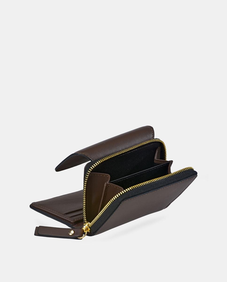 Porta-Moedas Mini em Pele com Secção para Notas e Aba Castanho-chocolate-3