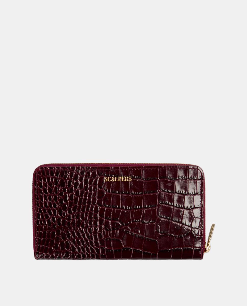 Carteira em Pele com Efeito Croco e Fecho de Correr Vermelho/Grená-2