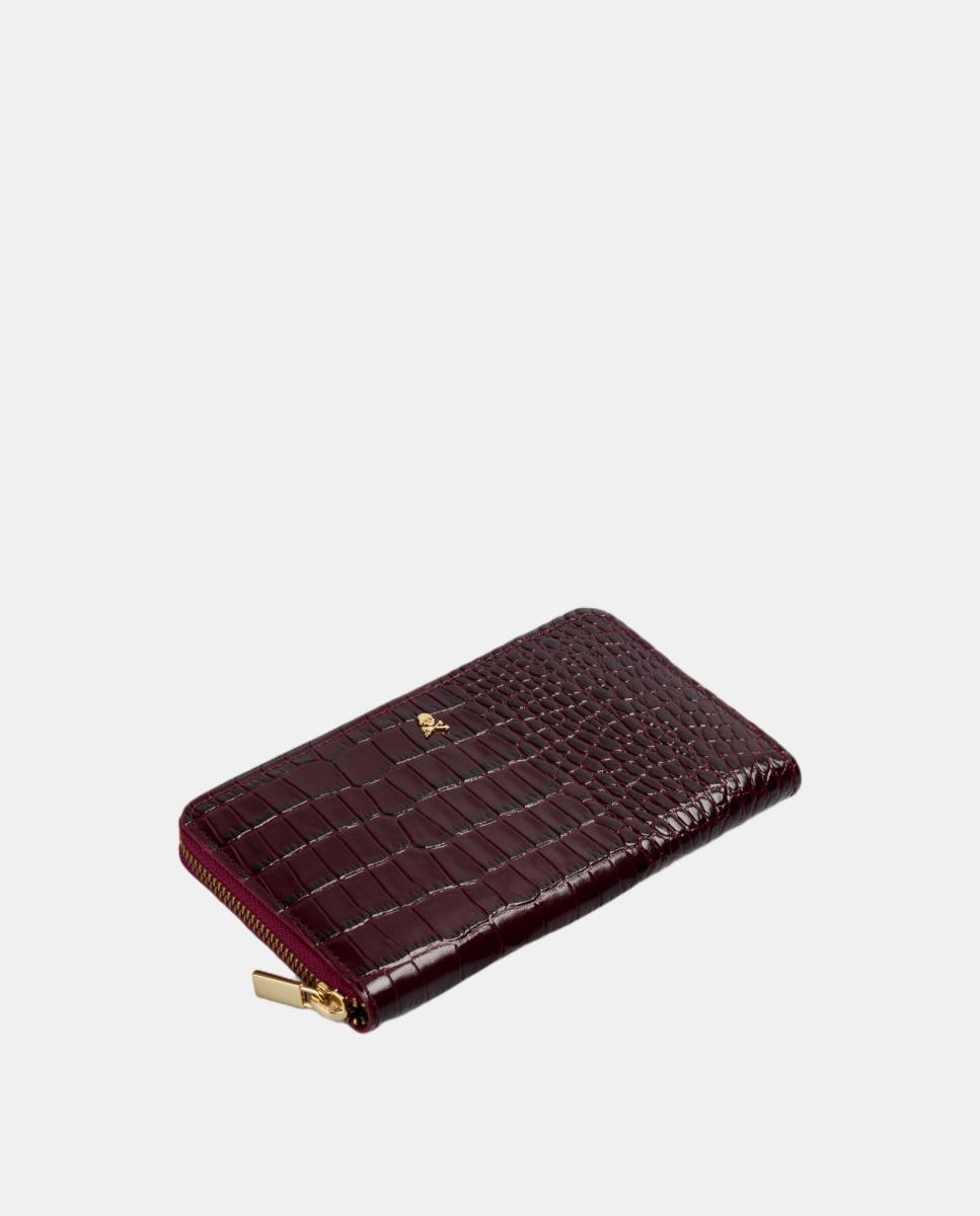 Carteira em Pele com Efeito Croco e Fecho de Correr Vermelho/Grená-3