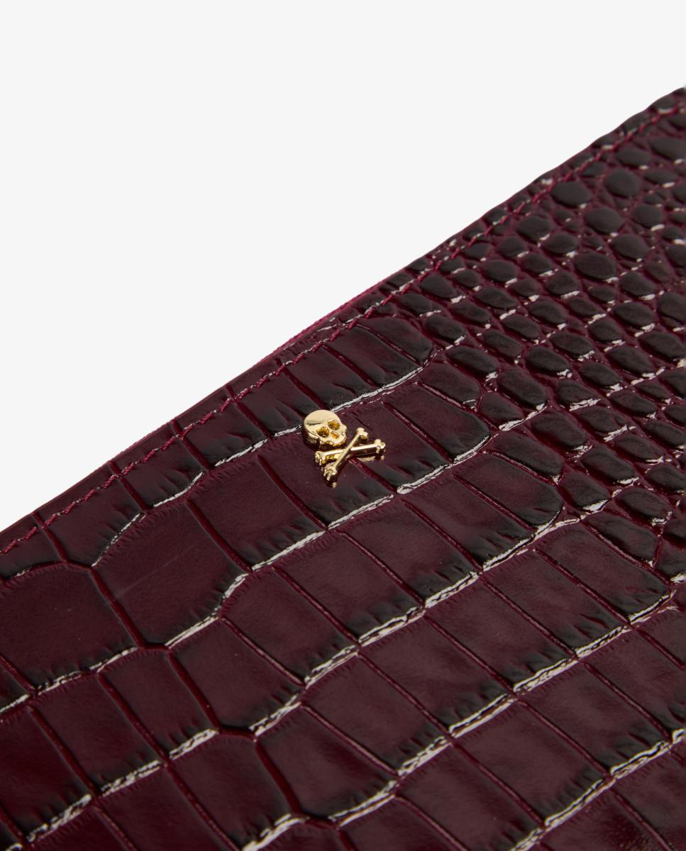 Carteira em Pele com Efeito Croco e Fecho de Correr Vermelho/Grená-5