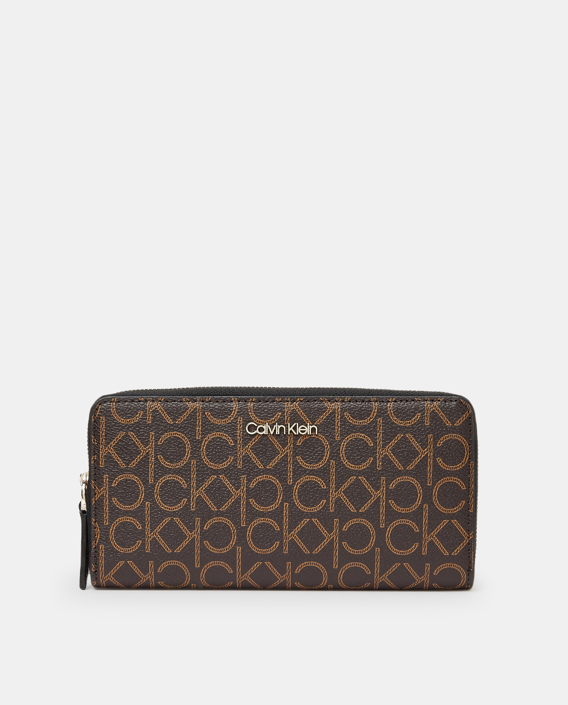 Imagem 0 de Carteira grande castanha estampada com fecho-éclair