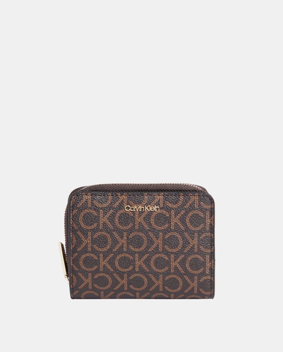 Carteira pequena castanha estampada com fecho-éclair Castanho-1