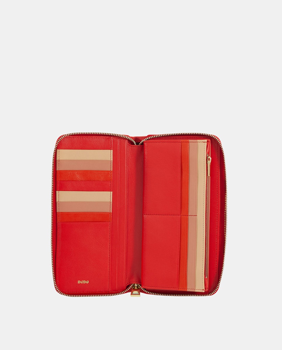  Carteira Grande com Fecho de Correr e em Pele de Bezerro Tipo Napa - Vermelho Vermelho-3