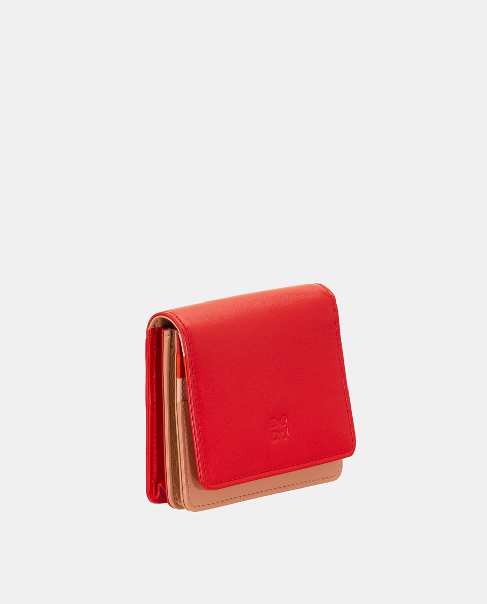 Carteira Pequena com Aba e Botão e em Pele de Bezerro Tipo Napa - Vermelho Vermelho-2
