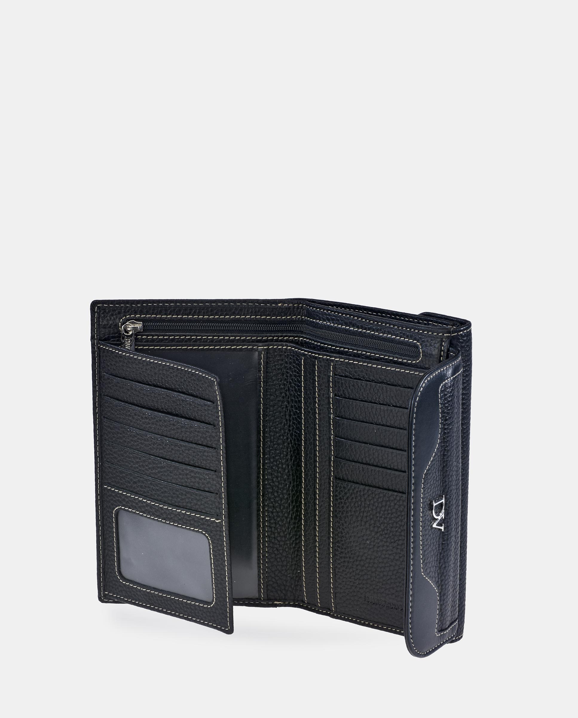 Porta-Moedas Grande com Secção para Notas e em Pele - Preto Preto-4