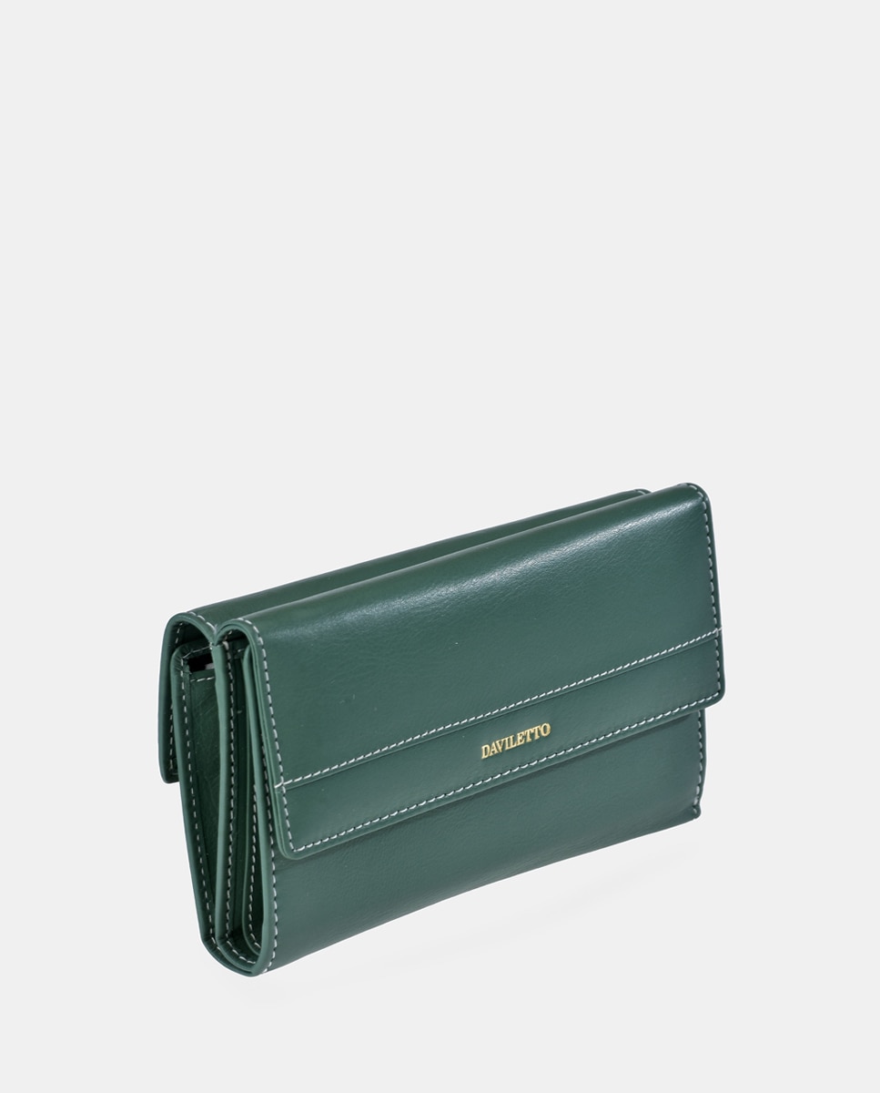 Porta-Moedas Grande em Pele com Secção para Notas e Aba Verde-2