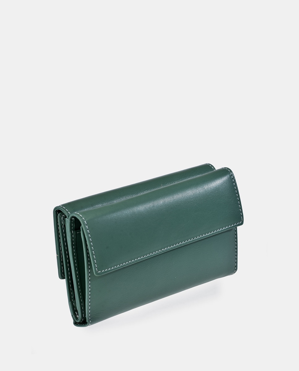 Porta-Moedas Grande em Pele com Secção para Notas e Aba Verde-3