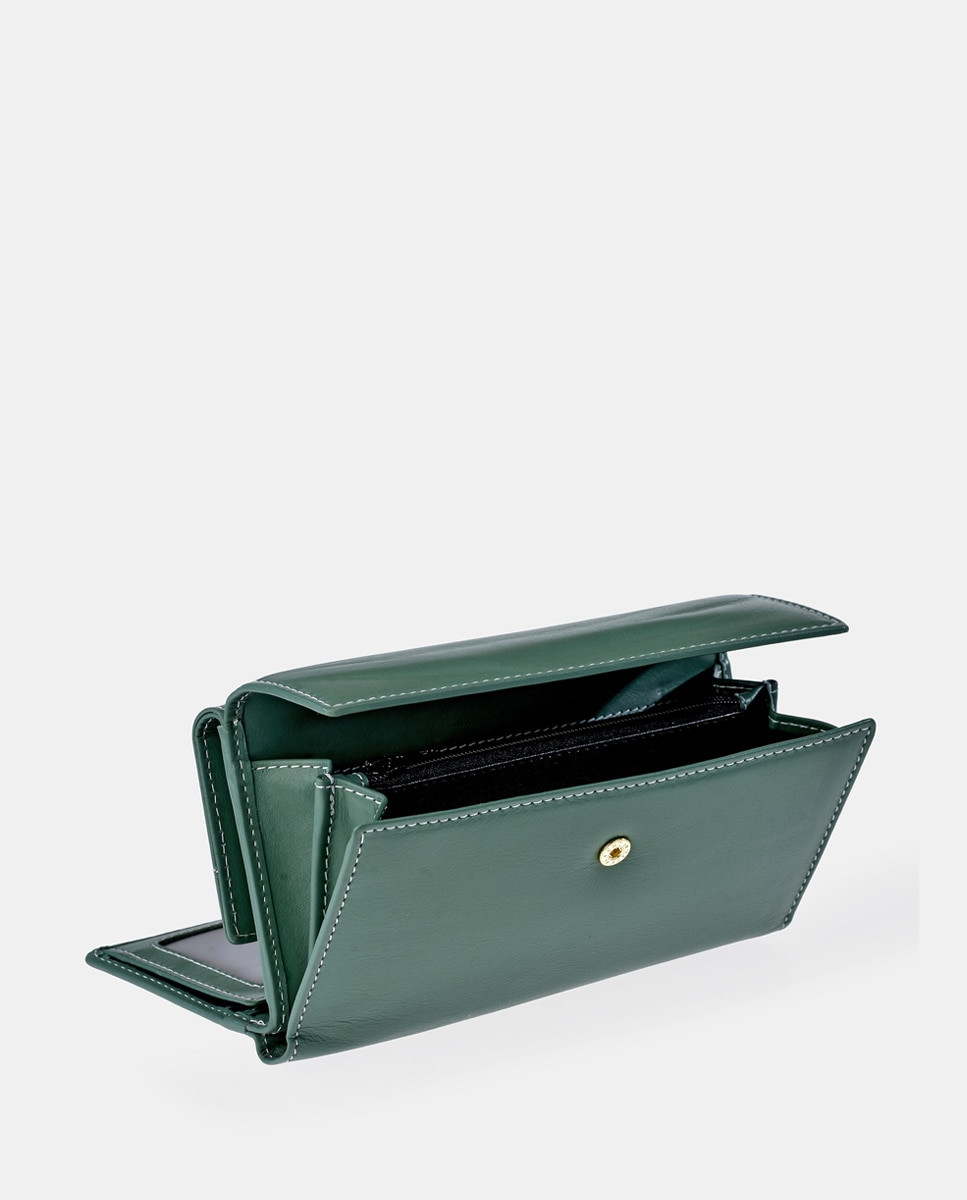 Porta-Moedas Grande em Pele com Secção para Notas e Aba Verde-4