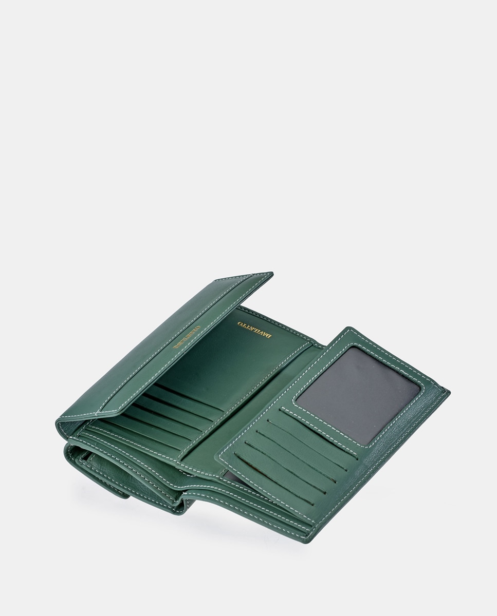 Porta-Moedas Grande em Pele com Secção para Notas e Aba Verde-5