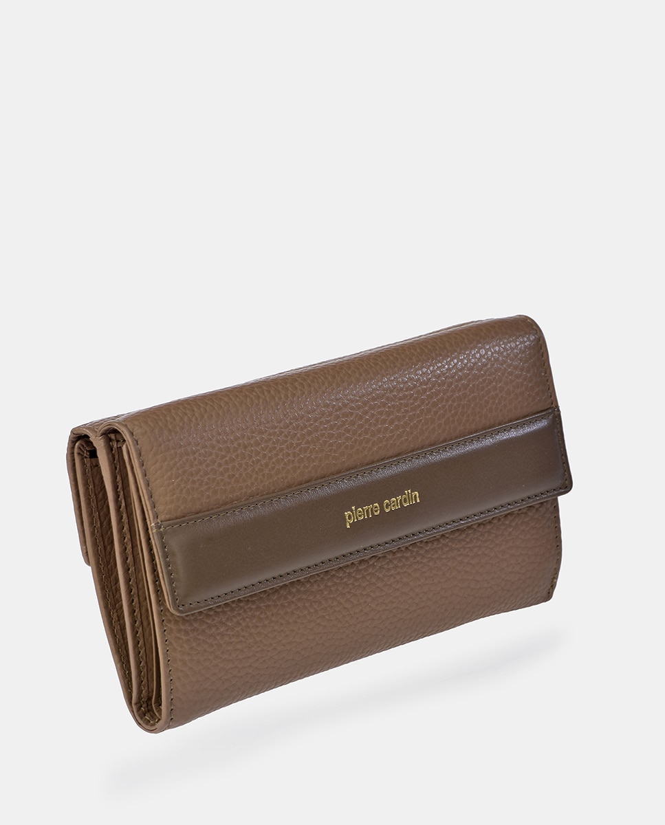 Porta-Moedas Grande em Pele com Secção para Notas e Aba Camel-2