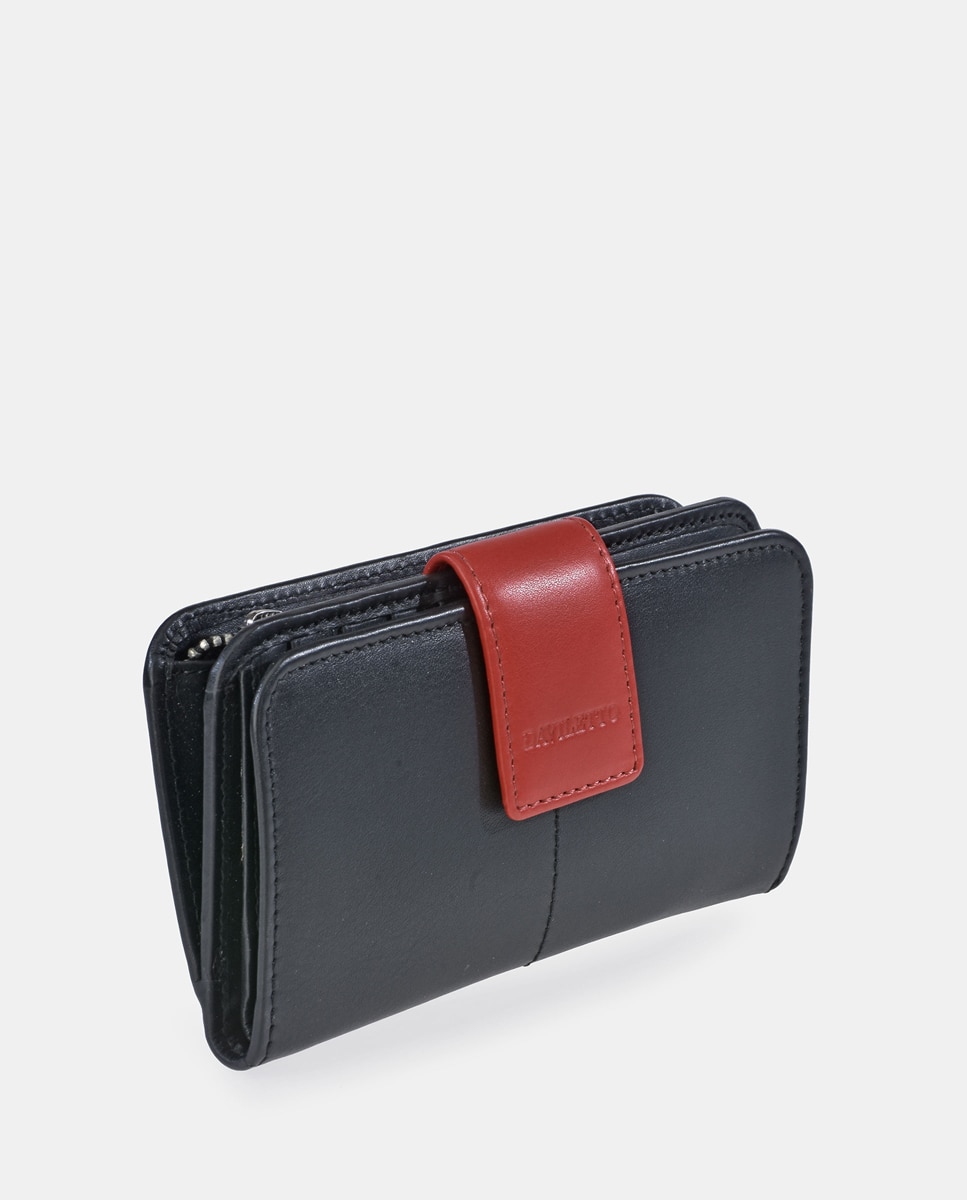 Porta-Moedas em Pele com Secção para Notas e Fecho de Correr - Preto/Vermelho Preto-2
