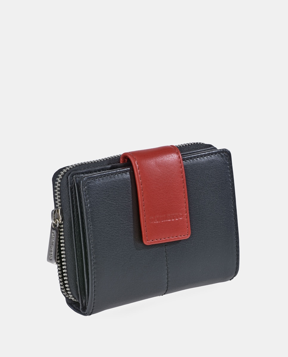 Porta-Moedas em Pele com Secção para Notas e Fecho de Correr - Preto/Vermelho Preto-2