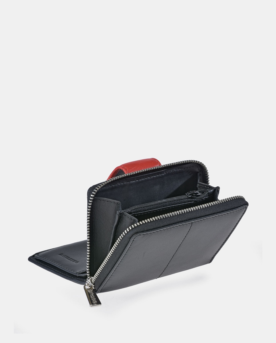 Porta-Moedas em Pele com Secção para Notas e Fecho de Correr - Preto/Vermelho Preto-3
