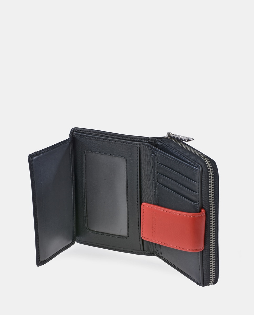 Porta-Moedas em Pele com Secção para Notas e Fecho de Correr - Preto/Vermelho Preto-4