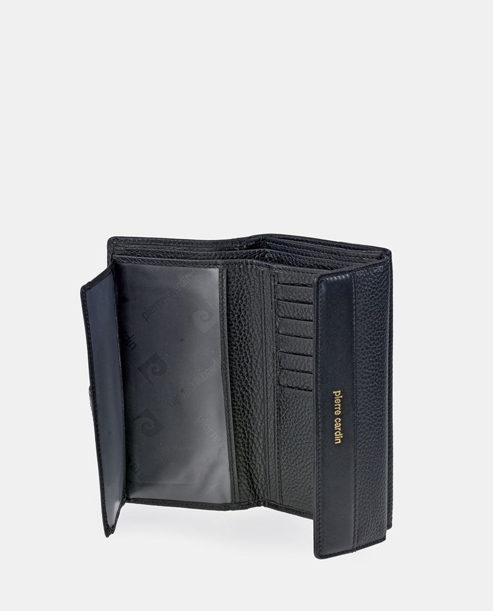 Porta-Moedas Grande em Pele com Secção para Notas e Aba Preto-2