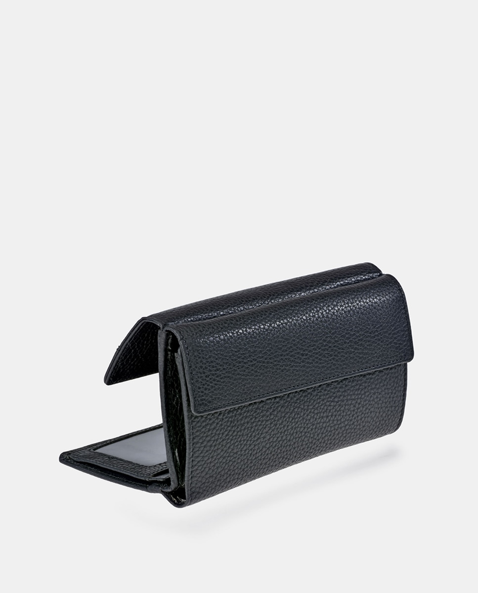 Porta-Moedas Grande em Pele com Secção para Notas e Aba Preto-4