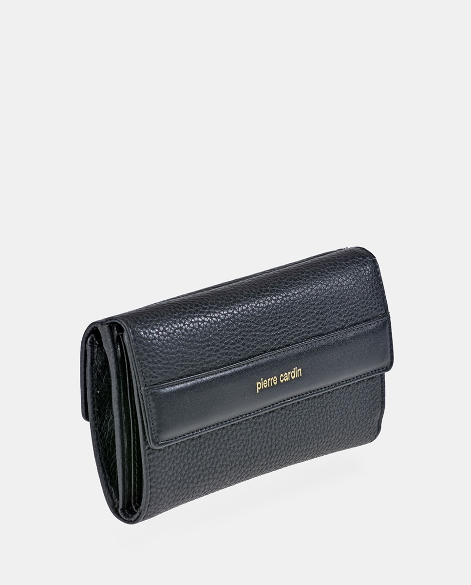 Porta-Moedas Grande em Pele com Secção para Notas e Aba Preto-5