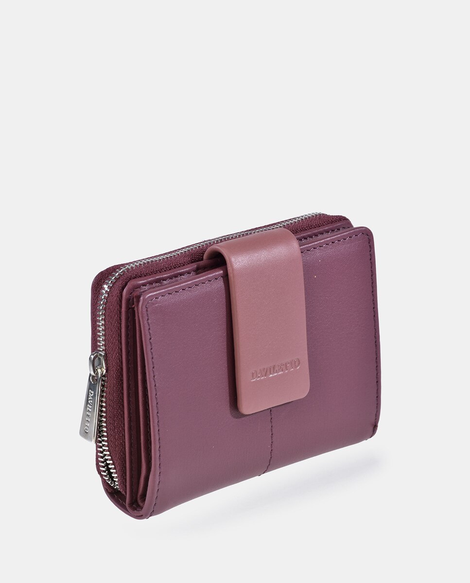 Monedero billetero mujer DAVILETTo con cremallera en piel color negro y rojo - Morado Morado-2