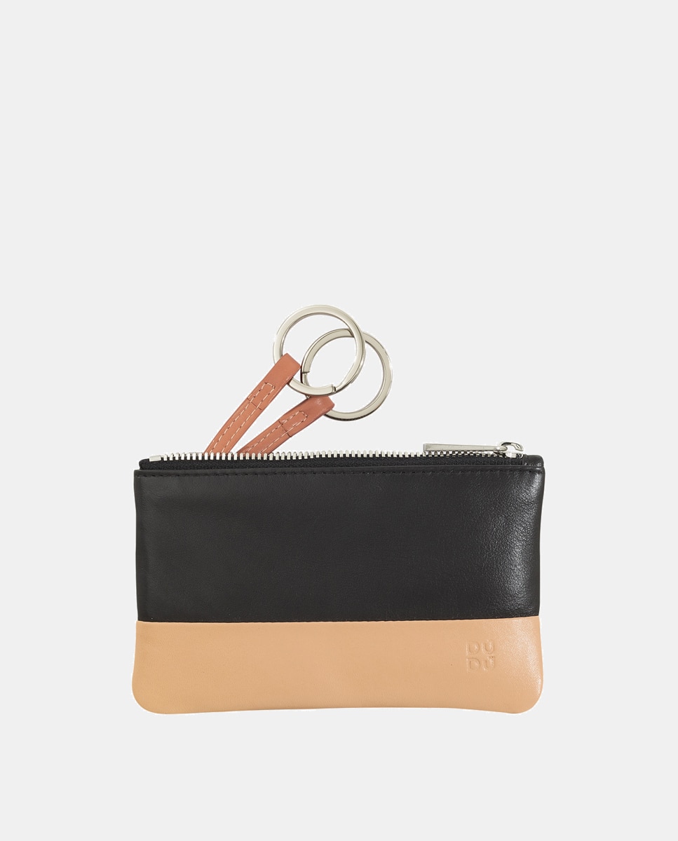 Porta-Moedas com Fecho de Correr e Porta-Chaves em Pele de Bezerro - Preto Preto-1