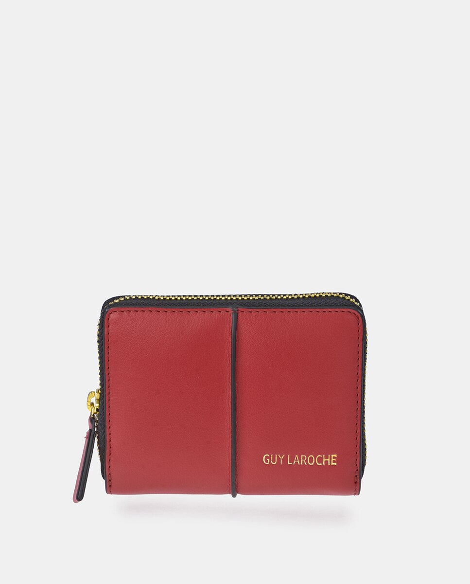 Porta-Moedas em Pele com Fecho de Correr - Creme Vermelho-1