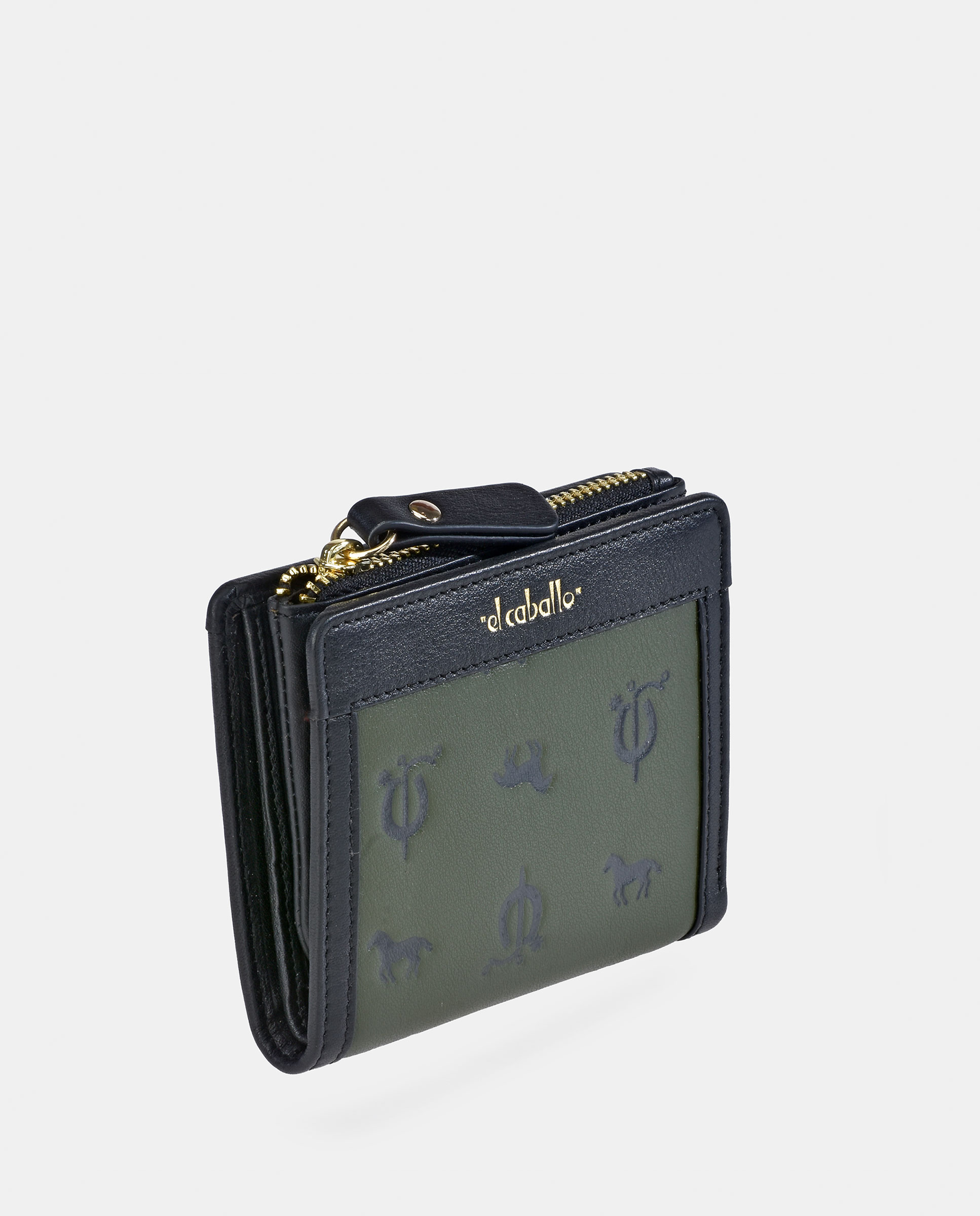 Porta-Moedas Compacto em Vaqueta e Lona com Secção para Notas - Cor de Tijolo Verde-escuro-2