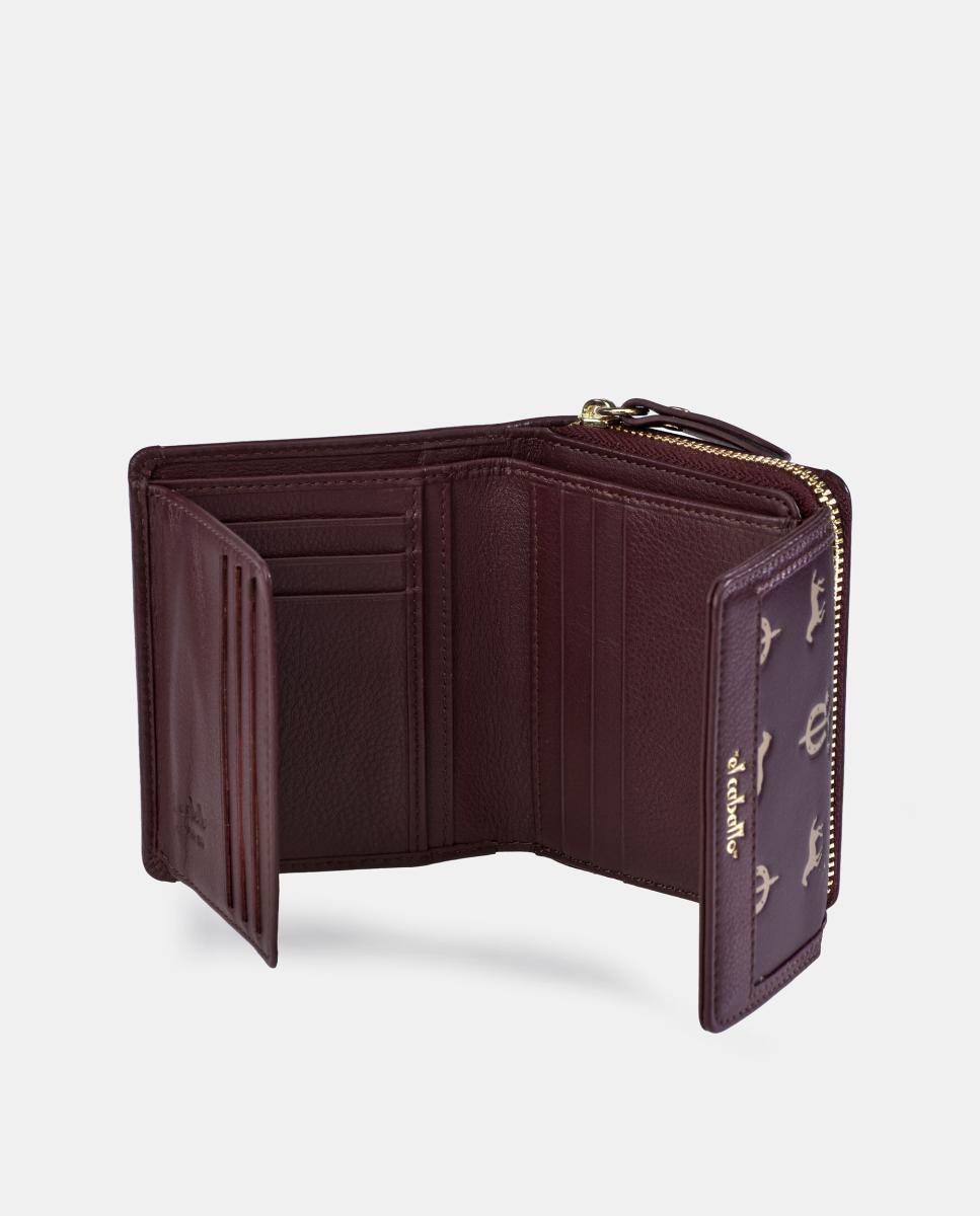 Porta-moedas e Porta-notas Pequeno com Aba em Pele Bovina e Lona Grená-5