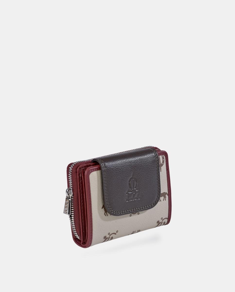 Porta-moedas e Porta-notas Pequeno com Fecho de Correr em Pele e Lona Castanho-2