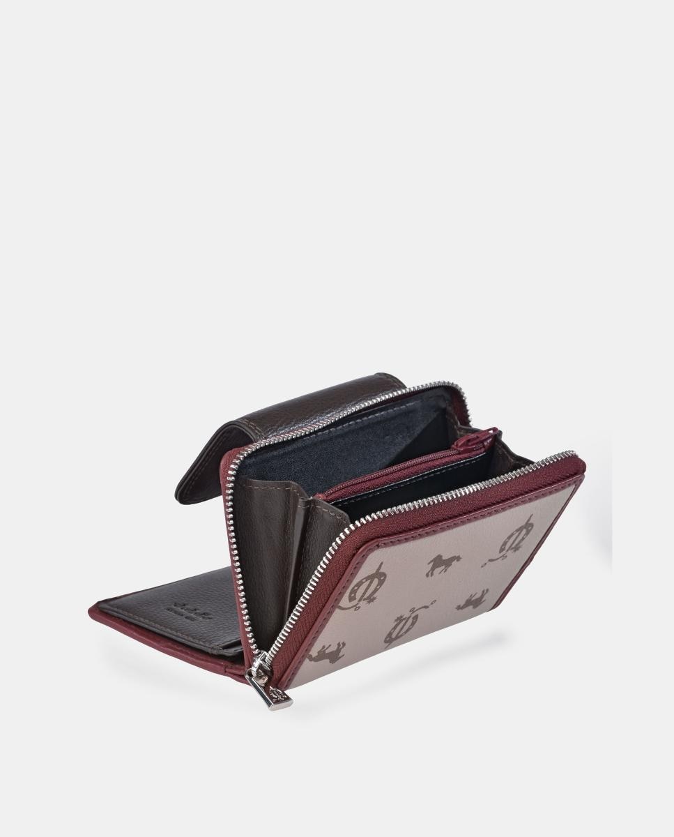 Porta-moedas e Porta-notas Pequeno com Fecho de Correr em Pele e Lona Castanho-3