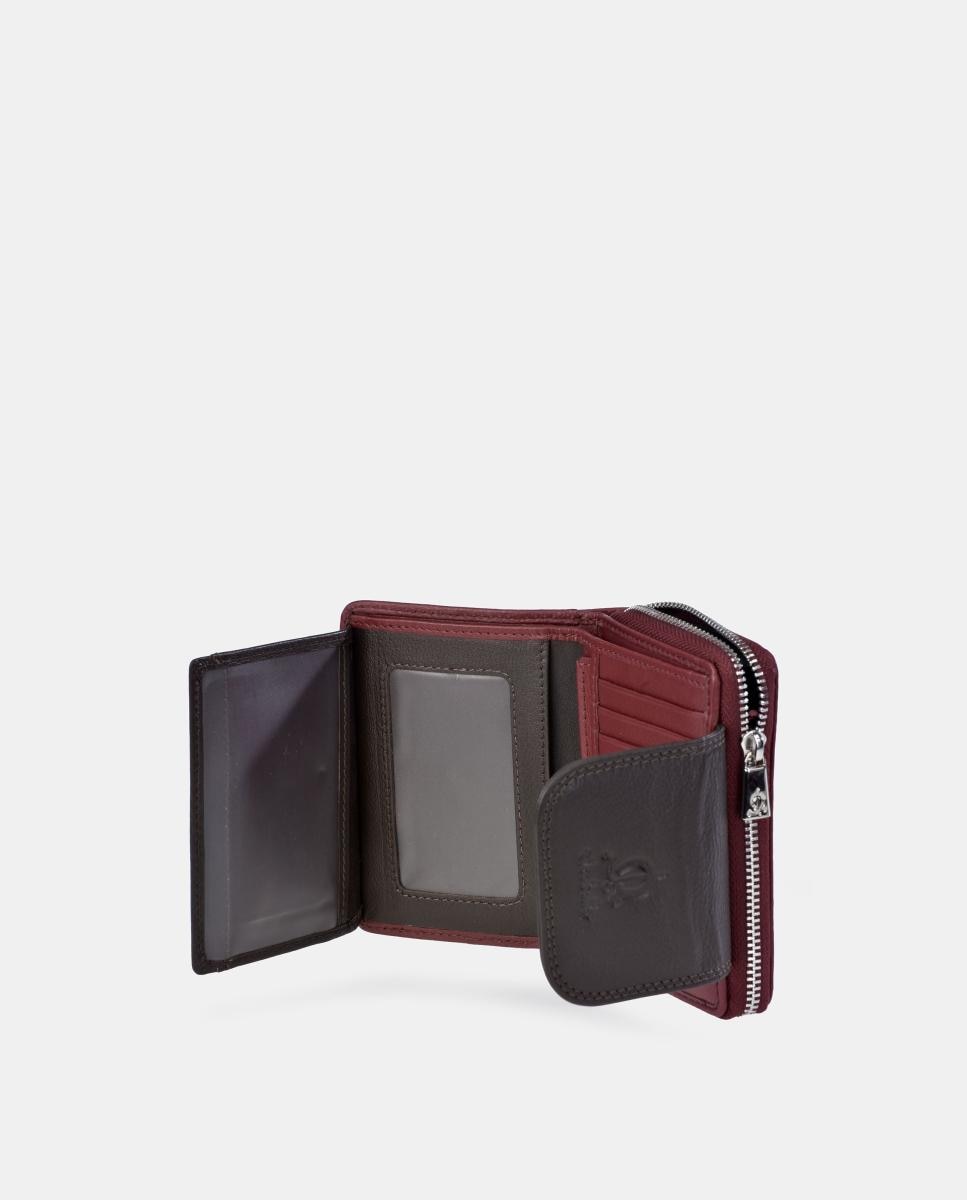 Porta-moedas e Porta-notas Pequeno com Fecho de Correr em Pele e Lona Castanho-4