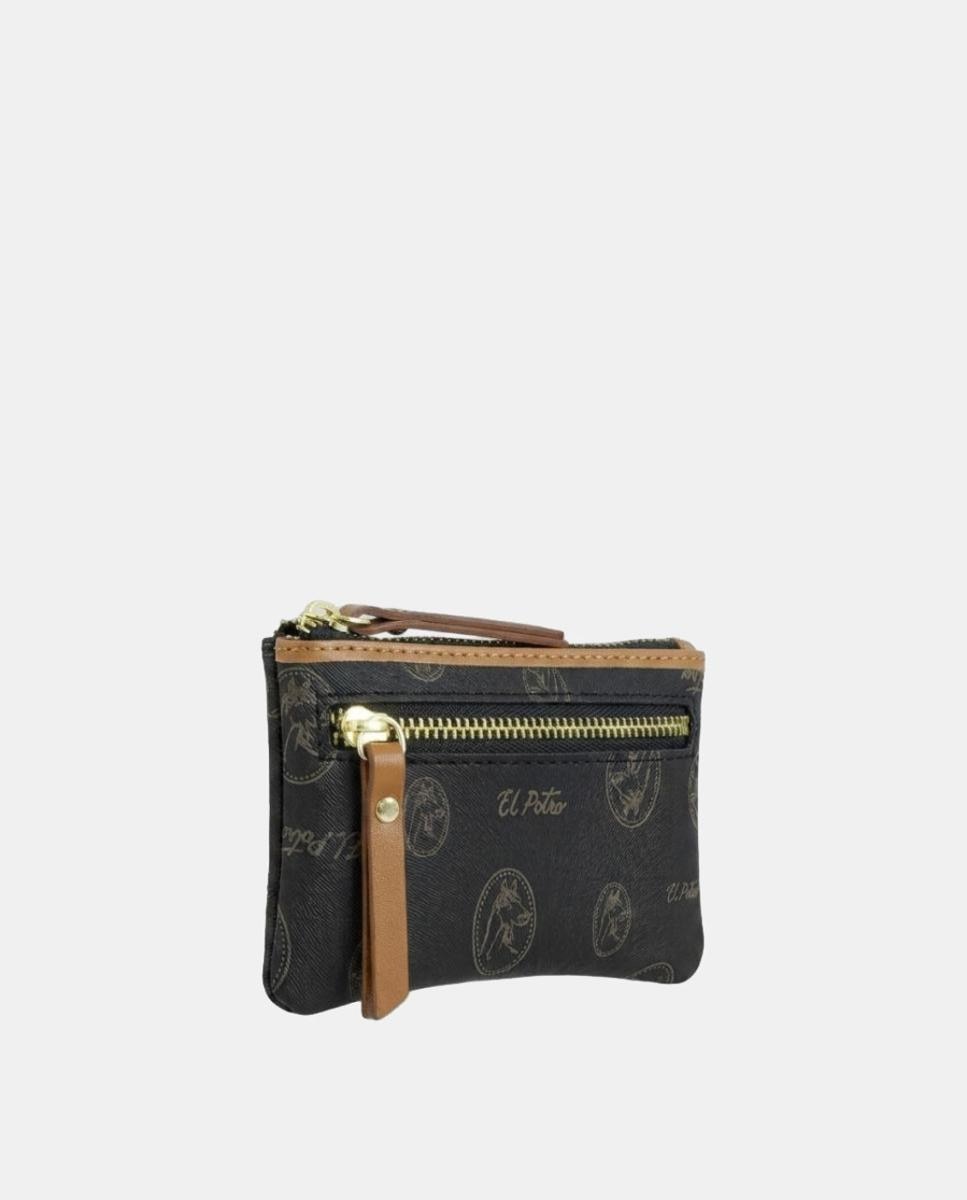 Monedero doble con llavero interior fabricado en piel vacuno y lona canvas - El Potro - Negro Negro-2