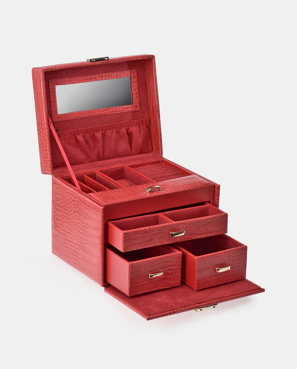 Guarda-Joias em PU de Efeito Crocodilo com Gaveta - Vermelho Vermelho-3