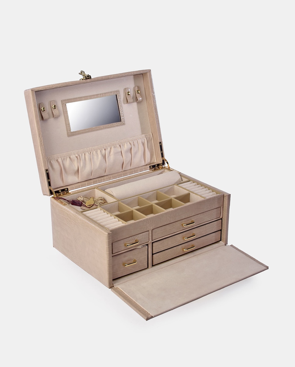 Imagen 3 de Joyero grande Pierre Cardin con cajonera en P.U. grabado coco color ivory - Crema Crema