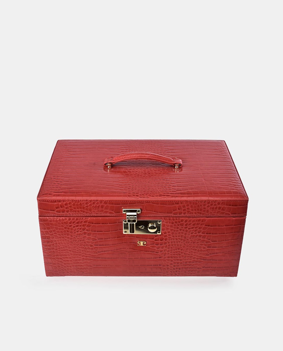 Guarda-Joias Grande em PU de Efeito Crocodilo com Gaveta - Ivory Vermelho-2