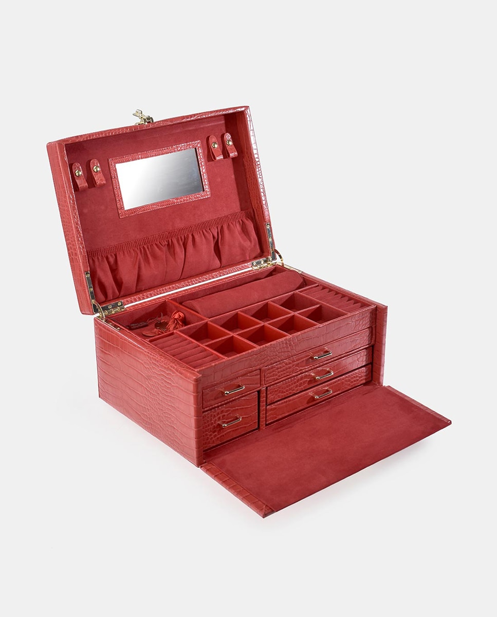 Guarda-Joias Grande em PU de Efeito Crocodilo com Gaveta - Ivory Vermelho-3