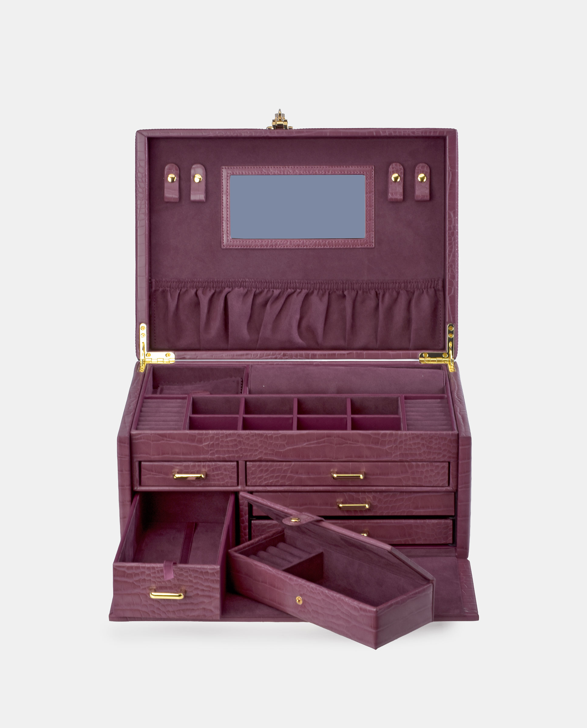 Joyero grande Pierre Cardin con cajonera en P.U. grabado coco - Berenjena Berenjena-5
