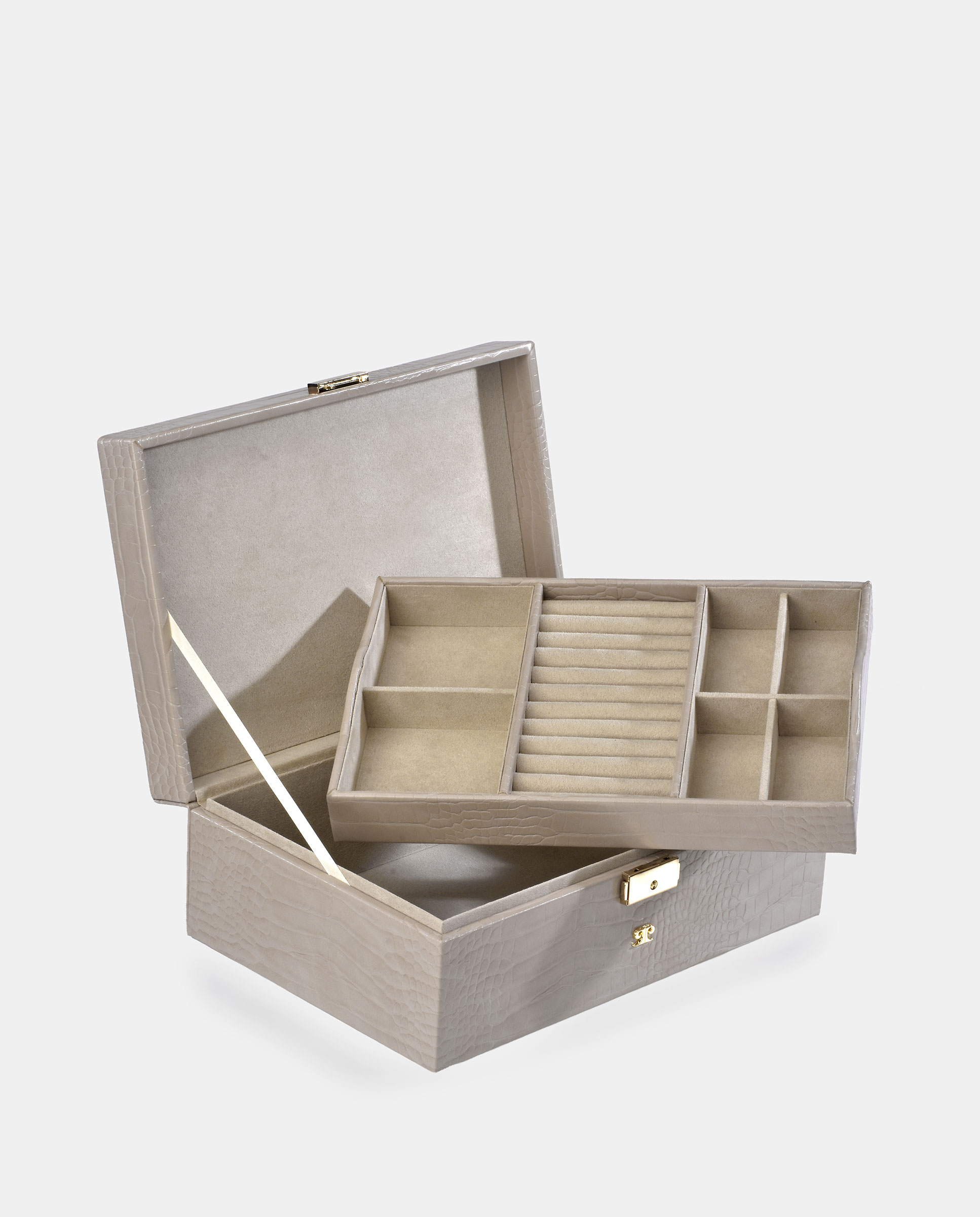Joyero grande Pierre Cardin con bandeja en P.U. grabado coco - Beige Beige-4