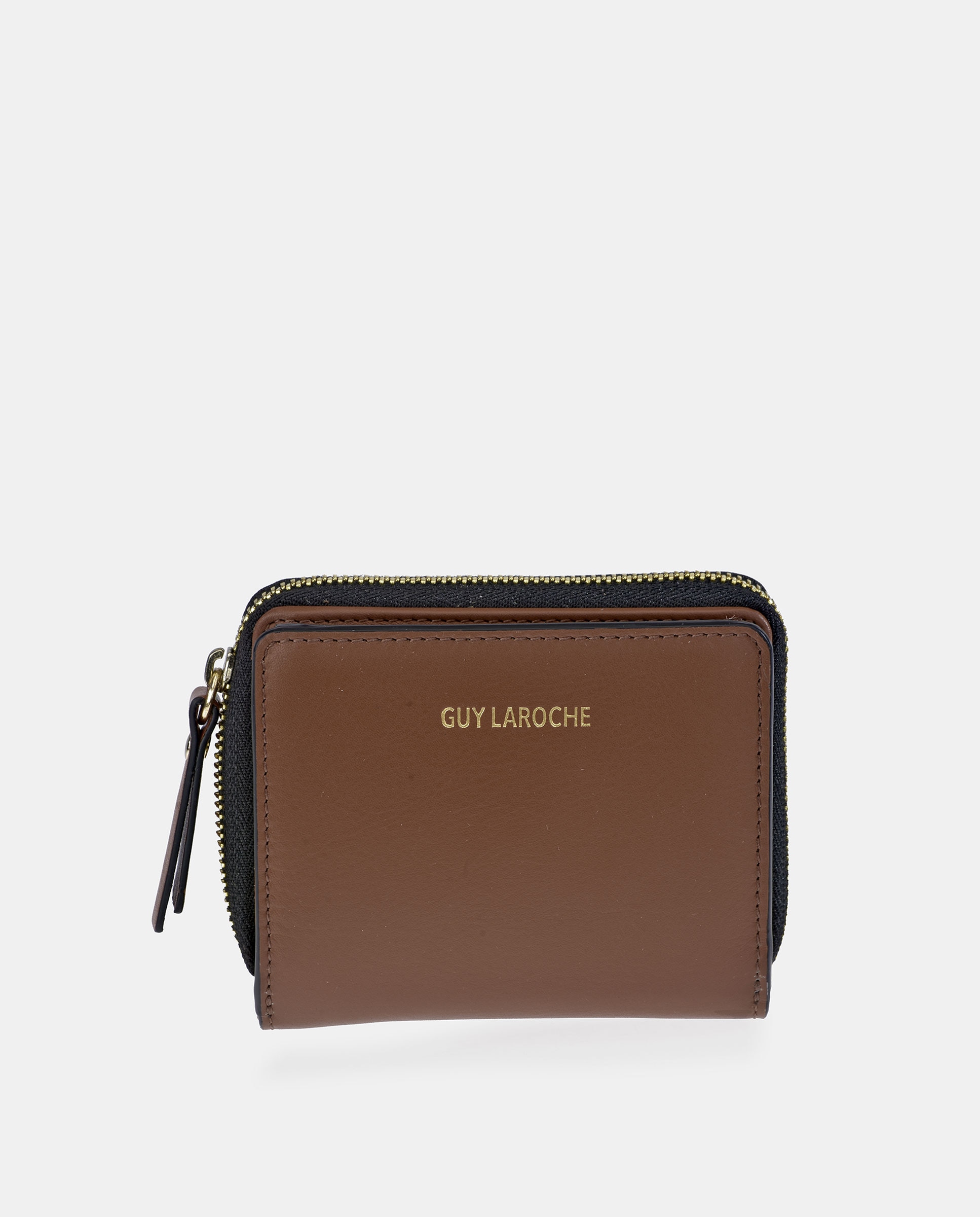 Porta-Moedas Pequeno com Fecho de Correr e em Pele Castanho-claro-1